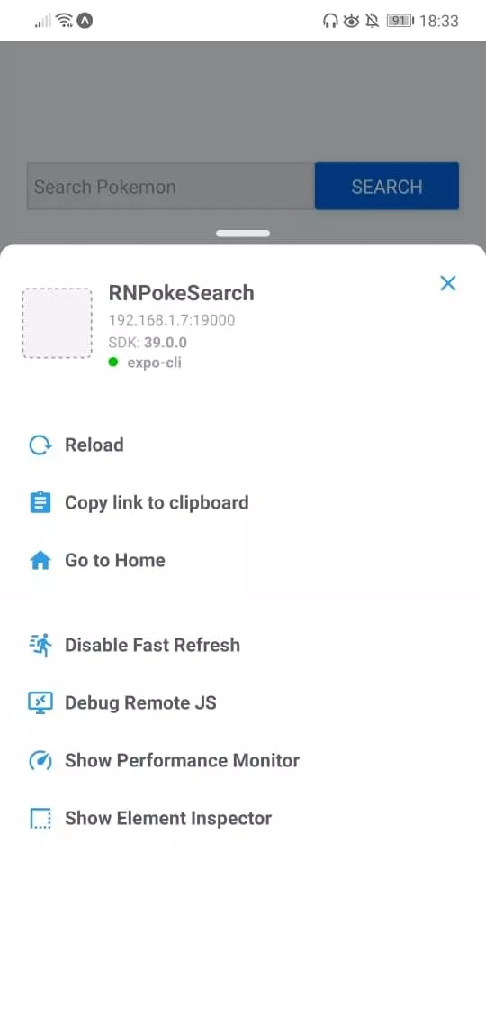 React Native developer settings